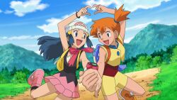  2girls absurdres anime_coloring aqua_eyes artist_name backpack bag beanie black_shirt black_socks blue_eyes blue_hair blue_sky boots bracelet character_bag clouds commentary_request cropped_jacket day eyelashes foreshortening four-finger_heart_hands grass hair_ornament hairclip hat heart heart_hands heart_hands_duo highres hikari_(pokemon) holding_hands in-franchise_crossover jacket jewelry long_hair looking_at_another lukas_thadeu misty_(pokemon) multiple_girls official_alternate_costume official_style open_mouth orange_hair orange_shoes outdoors parody pink_boots pink_scarf pink_skirt pokemon pokemon_(anime) pokemon_dppt_(anime) pokemon_rse_(anime) poketch red_shirt scarf shirt shoes shorts side_ponytail sidelocks skirt sky sleeveless sleeveless_jacket sleeveless_shirt smile socks spheal standing standing_on_one_leg style_parody third-party_source tree watch watch white_hat yellow_bag yellow_jacket yellow_shorts 