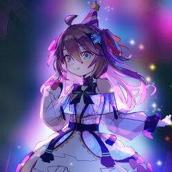  1girl ahoge ame0 backlighting belt black_belt black_bow black_bowtie blue_eyes blush_stickers bow bowtie brown_hair buckle closed_mouth cowboy_shot dress frilled_dress frills hair_between_eyes hair_ornament hair_ribbon hand_up hashtag-only_commentary heart heart_hair_ornament highres layered_dress long_hair long_sleeves mini_party_hat neon_lights neuro-sama off-shoulder_dress off_shoulder official_alternate_costume puffy_long_sleeves puffy_sleeves red_bow red_ribbon ribbon sleeve_bow sleeves_past_wrists smile snap-fit_buckle solo sparkle split_mouth two_side_up vedal_ai white_dress zipper_dress 