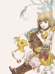  1girl :d animal_ears baby_animal bell bird black_boots bloomers book boots brown_choker brown_hair brown_tail cat_ears cat_girl cat_tail chick child chocobo choker commentary copyright_name eggshell fang final_fantasy final_fantasy_xiv green_eyes hair_bell hair_ornament holding holding_book khloe_aliapoh knee_boots miqo'te open_mouth ruka_(blueplus84) short_hair short_tail sitting smile tail teeth three-quarter_sleeves twitter_username upper_teeth_only white_bloomers yellow_bird 