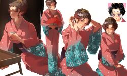  1girl brown_eyes brown_hair choko_(cup) closed_mouth comb cup folding_fan full_body hair_ornament hand_fan hand_in_own_hair hashtag-only_commentary highres holding holding_cup holding_fan japanese_clothes kimetsu_no_yaiba kimono kneeling koyuki_(kimetsu_no_yaiba) long_hair multiple_views nasimuichii obi parted_bangs parted_lips pink_kimono polka_dot polka_dot_kimono reference_inset sash smile snowflake_hair_ornament solo standing updo upper_body white_background 