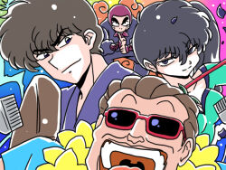  1girl 3boys brother_and_sister hair_between_eyes kunou_kodachi kunou_tatewaki multiple_boys ninja open_mouth principal_kunou ranma_1/2 sarugakure_sasuke siblings smile sunglasses teeth wanta_(futoshi) 