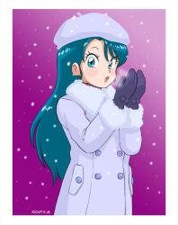  1girl aqua_hair artist_name beret black_mittens blue_eyes border breath breathing_on_hands buttons coat commentary_request double-breasted fur-trimmed_coat fur_trim genji_tsuushin_agedama hands_up hat kuki_rei long_hair looking_at_viewer mittens mizutani_kenta open_mouth snowing solo upper_body warming_hands white_border white_coat white_hat winter winter_clothes 