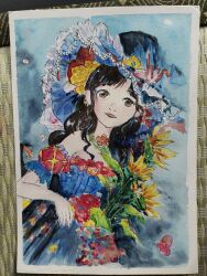  1girl absurdres argyle_clothes argyle_sleeves bare_arms bare_shoulders black_hair blue_background blue_dress blue_hat border bouquet chinese_commentary commentary_request cowboy_shot detached_sleeves dress dress_flower expressionless flower flower_necklace frilled_headwear frilled_sleeves frills green_eyes hair_flower hair_ornament hat hat_flower highres holding holding_bouquet infinity_nikki lipstick long_hair looking_at_viewer makeup muyoufan nikki_(series) nostrils painting_(medium) parted_bangs parted_lips photo_(medium) pleated_dress puffy_short_sleeves puffy_sleeves red_flower red_lips red_sleeves short_sleeves sidelocks solo standing strapless strapless_dress stylist_(nikki) sunflower teeth traditional_media very_long_hair watercolor_(medium) wavy_hair white_border witch witch_hat yellow_flower 