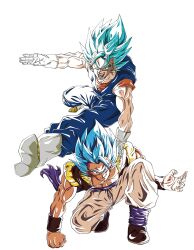  2boys black_vest blue_eyes blue_hair blue_pants blue_sash blue_shirt boots commentary_request dougi dragon_ball dragon_ball_super dragon_ball_super_broly earrings gloves gogeta highres jewelry male_focus metamoran_vest multiple_boys muscular muscular_male open_mouth orange_hair pants potara_earrings sash shirt simple_background smirk spiky_hair super_saiyan super_saiyan_blue taso_art_1123 vegetto vest white_background white_boots white_gloves white_pants 