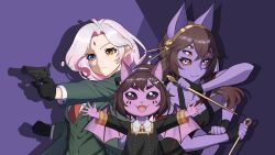  absurdres animal_ears anya_(spy_x_family) anya_(spy_x_family)_(cosplay) arthropod_girl bat_ears blue_eyes brown_hair carol_(lilum) chat_(dante_will) colored_sclera colored_skin cosplay dagger dante_will dress eden_academy_school_uniform extra_arms extra_eyes forehead_jewel gold_hairband green_suit hairband hairpods heterochromia highres holding knife monster_girl neobaka pink_hair pointy_ears purple_skin school_uniform second-party_source slime_girl smile spider_girl spy_x_family stiletto_(weapon) sue_chwan suit twilight_(spy_x_family) twilight_(spy_x_family)_(cosplay) video_thumbnail weapon white_eyes yor_briar yor_briar_(cosplay) youtube_video_thumbnail 