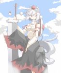  animal_ears cloud clouds detached_sleeves hat huge_weapon inubashiri_momiji navel piza_poteto red_eyes shield short_hair sky solo sword tail tokin_hat touhou weapon white_hair wolf_ears wolf_tail 