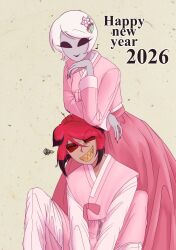 1boy 1girl 2026 alastor_(hazbin_hotel) alternate_costume animal_ears black_eyes black_hair brown_background colored_sclera deer_boy deer_ears dress fingernails flower hair_flower hair_ornament happy_new_year hazbin_hotel hellaverse highres long_sleeves musical_note nail_polish radi0r0se red_hair red_sclera rosie_(hazbin_hotel) sharp_fingernails short_hair simple_background smile standing white_hair 