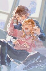  2025 2boys black_pants blue_sweater blurry blurry_background closed_eyes collared_shirt commentary_request earrings grin hair_between_eyes heart heart_hands jewelry laughing link long_hair male_focus multiple_boys open_mouth pants pink_sweater pointy_ears rain_rkgk ring shirt shirt_under_sweater short_hair sidelocks smile socks sweater teeth thank_you the_legend_of_zelda the_legend_of_zelda:_breath_of_the_wild the_legend_of_zelda:_twilight_princess upper_teeth_only white_shirt white_socks window 