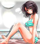  1girl alternate_eye_color bare_legs barefoot bikini black_hair blush breasts frills green_eyes highres katou_megumi kurosawa saenai_heroine_no_sodatekata short_hair sideboob sitting smile solo striped striped_swimsuit sweat swimsuit 