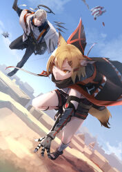  1boy 1girl absurdres angel_boy animal_ear_fluff animal_ears arknights arrow_(projectile) bandaged_leg bandages black_cape black_gloves black_pants black_shoes black_shorts blonde_hair blue_eyes blue_sky bow_(weapon) cape cloak crossbow day desert detached_wings drone dutch_angle e-bushi ear_piercing energy_wings executor_(arknights) fox_ears fox_girl fox_tail gloves grey_hair hair_ornament hairclip halo highres holding holding_bow_(weapon) holding_weapon material_growth mechanical_arms mechanical_wings notched_ear open-toe_shoes orange_eyes oripathy_lesion_(arknights) outdoors pants piercing prosthesis prosthetic_arm quiver running shirt shoes short_hair short_shorts shorts single_mechanical_arm sky tail vermeil_(arknights) weapon wings 