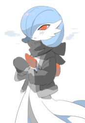  alternate_color black_jacket black_mittens black_scarf blue_hair bob_cut breath clothed_pokemon cold colored_skin commentary gardevoir hair_over_one_eye happy jacket light_smile lowres mittens no_humans official_alternate_color one_eye_covered own_hands_together pokemon pokemon_(creature) pokemon_focus raine_(acke2445) red_eyes scarf shiny_pokemon solo white_background white_skin 