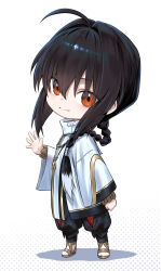  1other ahoge amulet androgynous black_hair black_pants bracelet braid chibi fate/samurai_remnant fate_(series) full_body hair_intakes hair_over_shoulder highres jewelry long_braid mugetsu2501 multicolored_pants necklace orange_eyes pants red_pants sidelocks single_braid solo white_hair yamato_takeru_(fate) 