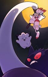  arm_up claws clefairy commentary_request food full_body full_moon gengar grid_teeth kine mallet mochi mochi_trail mochitsuki moon night no_humans outdoors pokemon pokemon_(creature) red_eyes scorbunny u_tei 