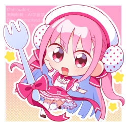  1girl :d alternate_costume beret blunt_ends border bow bun_cover chibi chibi_only commentary_request double_bun eyes_visible_through_hair floating_hair fork full_body hair_between_eyes hair_bun hat heart heart_print heaven_burns_red highres kunimi_tama light_blush long_hair looking_at_viewer miniskirt open_mouth outline outside_border outstretched_arms pink_background pink_bow pink_hair pink_skirt pleated_skirt polka_dot polka_dot_background print_skirt puffy_short_sleeves puffy_sleeves red_eyes shirt short_sleeves sidelocks simple_background skirt smile solo standing standing_on_one_leg star_(symbol) tareme thigh-highs two-tone_skirt two_side_up v-shaped_eyebrows very_long_hair watermark white_border white_hat white_outline white_shirt white_skirt white_thighhighs xdjf63qbpt0iqmj zettai_ryouiki 