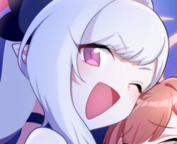  2girls :d alternate_costume aru_(blue_archive) bare_shoulders black_choker black_ribbon blue_archive choker comiket_107 commentary_request cropped hair_between_eyes hair_ribbon halo long_hair looking_at_viewer multiple_girls mutsuki_(blue_archive) one_eye_closed red_hair ribbon sasabe_opika sidelocks smile v-shaped_eyebrows violet_eyes white_hair 