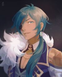  1boy black_background black_shirt blue_eyes blue_hair commentary dark-skinned_male dark_skin driftwoodwolf earrings english_commentary eyepatch fur_scarf genshin_impact gold_trim jewelry kaeya_(genshin_impact) looking_at_viewer male_focus ponytail shirt simple_background smile solo teeth upper_body 