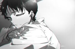  1boy closed_mouth commentary_request crossed_arms earphones from_side greyscale half-closed_eye hand_on_own_shoulder ikari_shinji listening_to_music looking_to_the_side male_focus monochrome neon_genesis_evangelion portrait sad shirt short_hair signature solo yuuya_(n-m-t) 