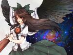  arm_cannon bad_id black_hair black_wings bow cape face hair_bow large_wings long_hair red_eyes reiuji_utsuho solo space tomoe_(itigo) touhou weapon wings 