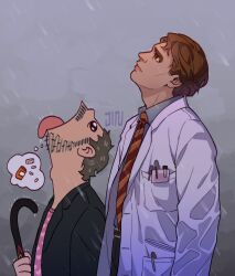  2boys artist_name belt black_belt black_jacket black_pants brown_eyes brown_hair candy candy_cane closed_mouth coat collared_shirt english_commentary facial_hair food goku_and_vegeta_in_the_rain_(meme) gregory_house grey_hair grey_shirt grey_sky hand_up heart heart_print house_m.d. jacket james_wilson jin_hattori lab_coat lapels lips long_sleeves looking_up male_focus meme multiple_boys necktie open_clothes open_coat open_jacket open_mouth outdoors pants pen pill pill_bottle pink_shirt pocket rain red_necktie shirt short_hair sky speech_bubble standing striped_clothes striped_necktie t-shirt thought_bubble tongue tongue_out upper_body white_coat 