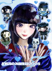  1girl :< absurdres animal_ear_hairband animal_ears black_eyes black_hair blue_dress blue_kimono blue_nails cat_tail chibi chibi_inset commentary_request dress fake_animal_ears fake_tail hairband heart highres japanese_clothes kimono long_hair moka_(phantom_siita) mole nail_polish phantom_siita pis_pis_haine tail 