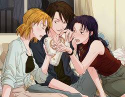  1boy 2girls akagi_ritsuko alcohol arm_support bare_shoulders beer_can black_shirt black_tank_top blonde_hair blue_pants blue_shirt blush breasts brown_eyes brown_hair can closed_eyes collarbone curtained_hair curtains denim denim_skirt drink_can drunk earrings electric_fan gold_necklace grey_eyes grey_skirt holding holding_can indoors jewelry kaji_ryouji katsuragi_misato layered_shirt long_hair looking_at_another medium_breasts miniskirt multiple_girls necklace neon_genesis_evangelion open_clothes open_mouth open_shirt pants purple_hair red_shirt shirt short_hair sitting skirt slice_of_life smile tank_top three-quarter_sleeves tied_shirt unworn_clothes watch watch white_skirt ysck 