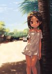  against_tree bare_shoulders blush brown_hair child dark_skin dress jewelry light_smile looking_at_viewer necklace original palm_tree red_eyes sand short_hair sky smile solo tan thigh_gap tree tree_shade vehicle yukino_minato 