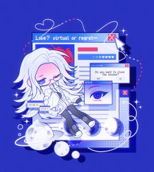  2girls absurdres aotsuki_eito black_gloves black_pantyhose black_shoes blue_eyes chinese_commentary closed_mouth coat colored_eyelashes commentary_request cursor deformed doufu_fanfan english_text error_message genderswap genderswap_(mtf) glasses gloves heart heart_of_string high_collar highres hood hood_down hooded_coat long_hair long_sleeves multiple_girls one_eye_closed pantyhose planet red_hair red_pupils semi-rimless_eyewear shoes sparkle sumino_takumi the_hundred_line_-last_defense_academy- variant_set white_coat white_hair window_(computing) 