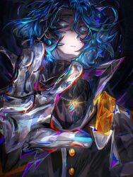  1boy absurdres blue_eyes blue_hair cloak colored_skin gloves grey_skin highres jewelry medium_hair n4pstab1ook necklace necromancer non-web_source source_request virtual_youtuber white_gloves 