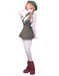  1girl absurdres beret commentary dress_over_shirt earrings english_commentary feather_earrings feathers full_body green_hat hat highres hololive hololive_english jewelry looking_at_viewer low_twintails official_alternate_costume orange_hair ribbed_pantyhose shirt_under_dress simple_background smile solo takanashi_kiara takanashi_kiara_(winter_casual) twintails twitter_username v violet_eyes virtual_youtuber white_background yoellim5 