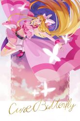  1girl above_clouds ankle_boots arm_up belt black_belt blonde_hair blue_sky boots bow braid braided_bangs bridal_gauntlets brooch bug butterfly butterfly_hat_ornament character_name clouds commentary cropped_shirt cure_butterfly cursive earrings elbow_gloves english_text frilled_shirt frills gloves glowing_butterfly hat hat_ornament highres hijiri_ageha hirogaru_sky!_precure jewelry jumping legs_up long_hair looking_at_viewer magical_girl microskirt midriff miyui mob_cap multicolored_hair navel open_mouth orange_hair outdoors pantyhose pink_boots pink_gloves pink_hat pink_shirt pink_skirt pleated_skirt precure purple_pantyhose red_bow shirt showgirl_skirt single_leg_pantyhose skirt skirt_bow sky sleeveless sleeveless_shirt smile solo thigh_strap two-tone_hair v very_long_hair violet_eyes wing_brooch 