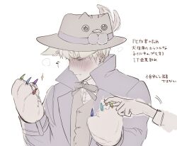  1boy 1other animal_hands axis_powers_hetalia black_bow black_bowtie black_hat blonde_hair blue_eyes blush bow bowtie brown_vest buttons closed_mouth collared_shirt devil6_6_6 embarrassed fake_claws fingernails germany_(hetalia) hands_up hat hat_feather hat_ornament highres jacket lapels long_sleeves looking_down male_focus open_clothes open_jacket pom_pom_(clothes) puffy_long_sleeves puffy_sleeves purple_jacket shirt short_hair simple_background solo_focus sparkle sweatdrop upper_body v-shaped_eyebrows vest white_background white_shirt 
