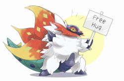  +_+ animal_focus bug colored_sclera cross-shaped_pupils free_hugs full_body highres holding holding_sign horns mofu_(pk3566) moth multiple_wings no_humans pokemon pokemon_(creature) pokemon_focus sign slither_wing solo symbol-shaped_pupils white_fur wings yellow_eyes yellow_sclera 