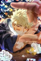  2boys bakugou_katsuki blonde_hair boku_no_hero_academia christmas_tree commentary fingernails highres joikzo looking_at_viewer male_focus midoriya_izuku multiple_boys multiple_scars out_of_frame pov pov_hands red_eyes scar scar_on_arm scar_on_face scar_on_hand short_hair signature snowflakes spiky_hair symbol-only_commentary watermark 