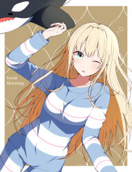  1girl alternate_hairstyle blonde_hair blue_eyes blush border brown_background commentary_request cowboy_shot dutch_angle english_text fingernails hair_down hair_spread_out hand_up heaven_burns_red highres long_hair long_sleeves looking_at_viewer one_eye_closed open_mouth outside_border pajamas simple_background sleepy solo squeans striped_clothes striped_pajamas stuffed_whale toujou_tsukasa very_long_hair waking_up white_border xdjf63qbpt0iqmj 