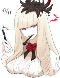  1girl absurdres abyssal_ship blonde_hair blunt_bangs breasts center_frills colored_skin dated drill_hair drill_sidelocks eating eye_trail fang flower food frills hair_ornament highres holding holding_food juliet_sleeves kantai_collection large_breasts light_trail long_hair long_sleeves looking_at_viewer lycoris_princess mizuchi_(mizuchi7118) mouth_hold neck_flower neck_ribbon pocky_day portrait puffy_sleeves pun red_eyes ribbon salmiakki shirt sidelocks smile solo spider_lily teeth_hold very_long_hair white_shirt white_skin 