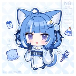  1girl :3 :d ahoge animal_ears black_gloves black_ribbon black_sandals black_sash blue_hair blue_kimono blunt_bangs blush cat_ears cat_girl cat_tail chibi chibi_only cloud_hair_ornament commentary_request fang full_body gloves hair_intakes hair_ornament hair_ribbon hands_up indie_virtual_youtuber japanese_clothes kagami_mochi kimono kurageu_roa long_sleeves looking_at_viewer multicolored_hair noi_mine obi okobo open_mouth outline platform_sandals ribbon sandals sash short_hair sidelocks smile socks solo standing streaked_hair tabi tail v violet_eyes virtual_youtuber watermark white_outline white_socks wide_sleeves x_hair_ornament 