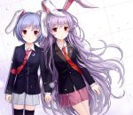  animal_ears black_legwear black_thighhighs blazer blue_hair bunny_ears crescent hand_holding holding_hands lavender_hair long_hair multiple_girls pleated_skirt purple_hair red_eyes reisen reisen_udongein_inaba short_hair skirt standing thigh-highs thighhighs tied_up touhou tucana zettai_ryouiki 