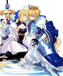  2girls ahoge armor artoria_caster_(fate) artoria_caster_(third_ascension)_(fate) artoria_pendragon_(fate) blonde_hair blue_cape breastplate breasts cape commentary_request crown dress excalibur_(fate/stay_night) fate/grand_order fate_(series) gauntlets green_eyes highres kuriimu0203 long_hair looking_at_viewer lord_logres_(fate) lord_logres_(third_ascension)_(fate) medium_breasts multiple_girls short_hair twintails white_dress 