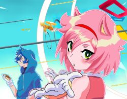 1girl 2boys 2d :t alternate_color alternate_costume alternate_eye_color alternate_hair_color amy_rose amy_rose_(cosplay) animal_ears asuka_ryou blonde_hair blue_eyes blue_hair bob_cut bracelet chili_dog cosplay crossover devilman devilmanz666 eating female flying food fudou_akira gloves green_eyes hood hoodie hot_dog light_blush lips looking_at_viewer makimura_miki male medium_hair pink_hair red_eyes shoes short_hair sonic_(series) sonic_the_hedgehog sonic_the_hedgehog_(cosplay) tail tails_(sonic) tails_(sonic)_(cosplay) wallpaper white_gloves