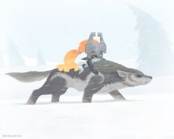  >_< 1girl artist_name black_skin blue_skin closed_eyes closed_mouth colored_skin english_commentary helmet helmet_over_one_eye highres link midna multicolored_skin orange_eyes orange_hair pointy_ears riding riding_animal senzywenzy the_legend_of_zelda the_legend_of_zelda:_twilight_princess tree two-tone_skin wind wolf wolf_link 