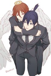  2boys angel angel_devil_(chainsaw_man) angel_wings arms_around_neck azm_e3 black_jacket black_necktie black_pants black_suit blue_eyes carrying chainsaw_man collared_shirt commentary_request cropped_legs earrings hair_between_eyes halo hayakawa_aki highres jacket jewelry long_hair long_sleeves looking_at_another male_focus multiple_boys necktie open_mouth pants piggyback shirt short_hair simple_background suit suit_jacket topknot traditional_halo twitter_username white_background white_shirt white_wings wings 