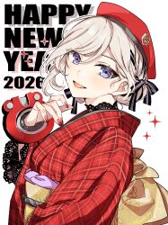  1girl 2026 :d absurdres alisa_ilinichina_amiella alternate_costume beret black_ribbon blue_eyes bracer commentary_request god_eater god_eater_3 grey_hair hair_between_eyes hair_bun hair_ribbon hand_up happy_new_year hat highres io_(1033k) japanese_clothes kimono lace-trimmed_sleeves lace_trim light_blush long_hair looking_at_viewer obi open_mouth plaid_clothes plaid_kimono red_kimono red_nails ribbon sash sidelocks simple_background smile solo standing swept_bangs upper_body white_background 