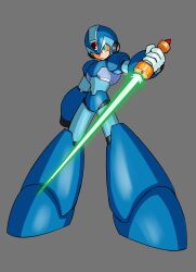  1boy absurdres arm_cannon armor blue_armor blue_helmet energy_sword forehead_jewel full_body green_eyes grey_background hayebsi helmet highres holding holding_sword holding_weapon male_focus mega_man_(series) mega_man_x_(series) simple_background solo sword weapon x_(mega_man) z_saber 