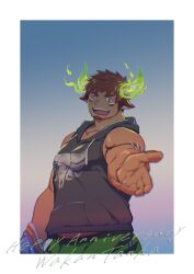  1boy absurdres animal_ears black_hoodie blush brown_eyes brown_hair casual commentary_request cow_boy cow_ears cow_horns english_text eye_black facial_hair fiery_horns forked_eyebrows glowing_horns goatee green_shorts happy_anniversary highres hood hoodie horns looking_at_viewer male_focus muscular muscular_male official_alternate_costume one_eye_closed open_mouth print_hoodie raised_eyebrows reaching reaching_towards_viewer short_hair shorts sleeveless sleeveless_hoodie smile solo spiky_hair teeth thick_eyebrows tokiniha_netai_(pm8sleepy) tokyo_afterschool_summoners upper_teeth_only wakan_tanka 