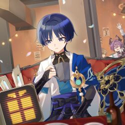  3boys albedo_(genshin_impact) blue_eyes blue_hair bottle closed_eyes closed_mouth couch cup durin_(genshin_impact) genshin_impact gift hat highres holding holding_cup jewelry looking_at_object male_focus multiple_boys open_mouth purple_hair ribbon ring robot scaramouche_(genshin_impact) sitting solo_focus vision_(genshin_impact) wamin wanderer_(genshin_impact) waving 