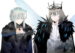  1boy 1girl absurdres black_dress black_gloves black_tiara blue_eyes chinese_commentary closed_eyes commentary_request commission dragonfly_wings dress fate/grand_order fate_(series) fur_trim gloves grey_hair hair_between_eyes highres long_hair morgan_le_fay_(fate) oberon_(fate) oberon_(third_ascension)_(fate) short_hair simple_background third-party_source tiara white_background 