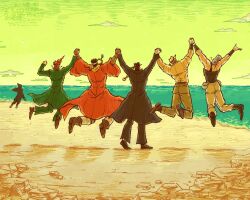 5boys animal arms_up beach black_hair bracelet coat commentary_request dark-skinned_male dark_skin dog earrings full_body grey_hair hat headband holding_hands iggy_(jojo) jean_pierre_polnareff jewelry jojo_no_kimyou_na_bouken joseph_joestar joseph_joestar_(old) jumping kakyoin_noriaki kujo_jotaro long_sleeves male_focus mohammed_avdol multiple_boys necklace ocean outdoors red_hair ringodraws short_sleeves sky stardust_crusaders 