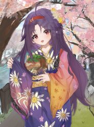  1girl :d ahoge alternate_costume blue_sky cherry_blossoms collarbone commentary_request cowboy_shot day fence floral_print floral_print_kimono grass hair_intakes hand_fan hands_up headband highres holding holding_fan japanese_clothes kimono long_hair long_sleeves looking_at_viewer messy_hair multicolored_kimono open_mouth orange_kimono outdoors paper_fan pink_kimono pointy_ears print_kimono purple_hair purple_kimono raised_eyebrows red_eyes red_headband red_sash river sash sidelocks sky smile solo sword_art_online thick_eyelashes tree user_savg7824 wide_sleeves yukata yuuki_(sao) 