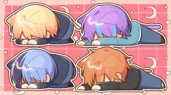  4boys animal_ears aoyagi_touya black_shoes blonde_hair blue_hair brown_shoes cat_ears cat_tail commentary_request crescent highres kamishiro_rui kamiyama_high_school_uniform_(project_sekai) kemonomimi_mode long_sleeves lying male_focus moon multicolored_hair multiple_boys on_stomach orange_hair outstretched_arms project_sekai purple_hair school_uniform shinonome_ena shoes short_hair split-color_hair star_(symbol) streaked_hair tail tenma_tsukasa two-tone_hair yunameko_(yunameko_0408) 