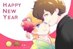  1boy 1girl aiya_kyuu artist_name audrey_burne banagher_links blonde_hair boar brown_eyes brown_hair close-up flower green_eyes gundam gundam_unicorn hair_flower hair_ornament happy_new_year haro japanese_clothes kimono new_year short_hair simple_background smile 